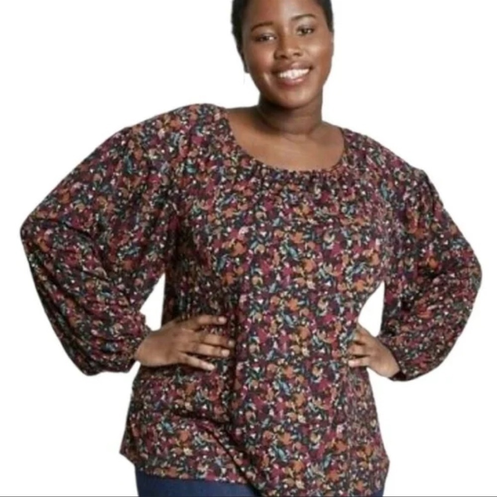 Ava Viv Women’s Plus Multicolor Floral Top 1X Long Puff Sleeve Lightweight
